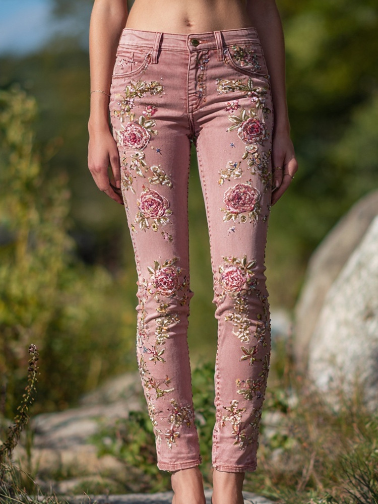 Retro Floral Print Jeans High Waist Slim Imitation Jeans Elegant Casual Trousers